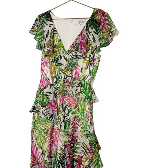 Badgley Mischka Palm Print Ruffle Pink Green Maxi Dress Size 4 - Picture 4 of 16